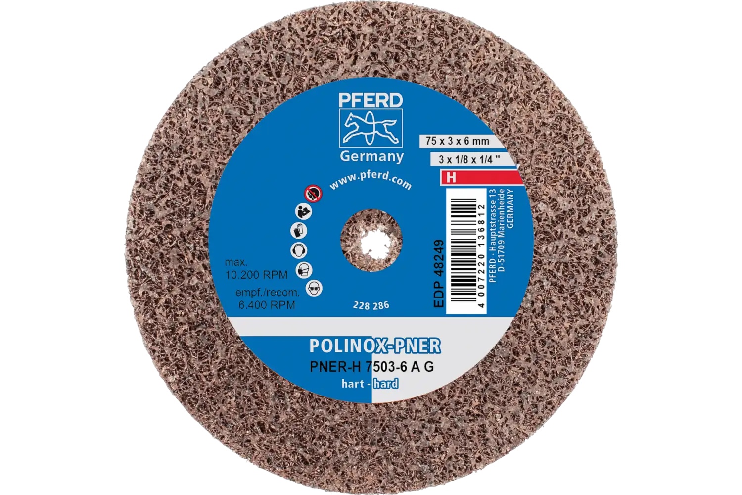 Picture of Pferd Polinox® Unitized Wheel, 3" X 1/8 X 1/4, Coarse, Hard, 8Ac, Aluminum Oxide